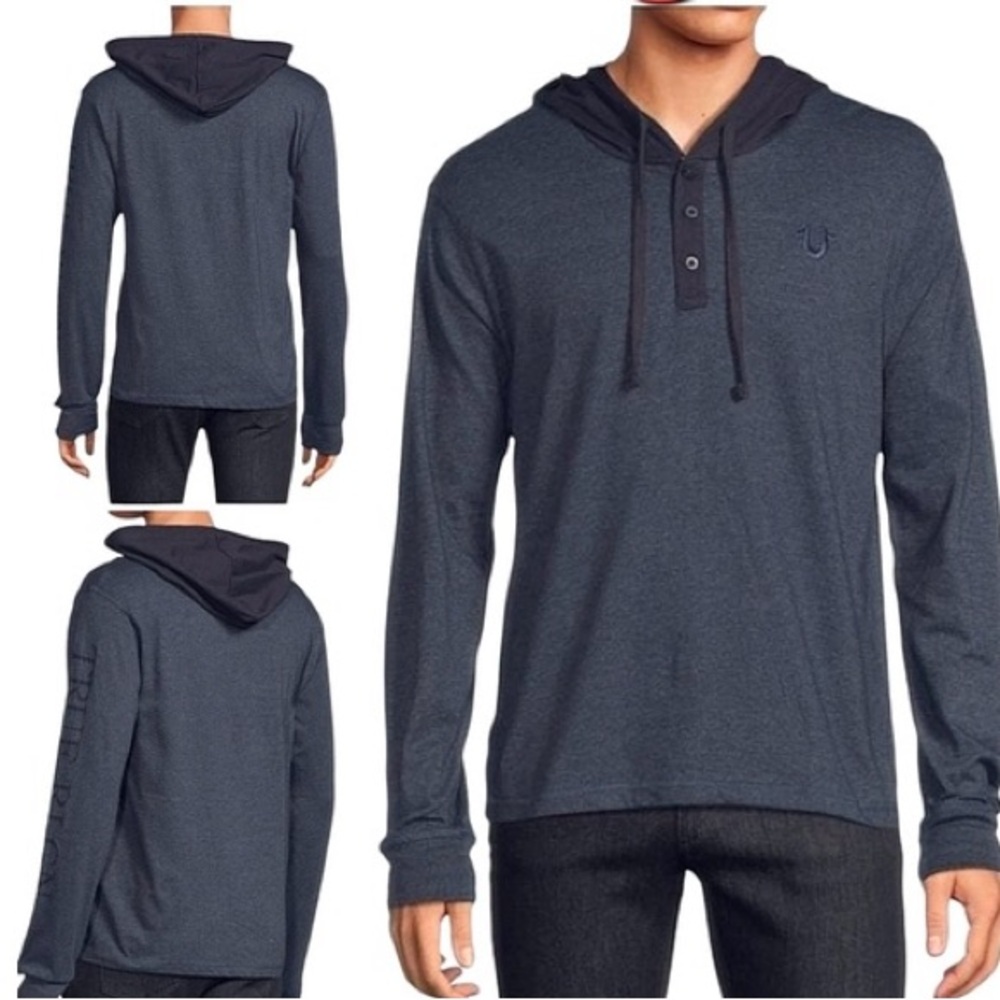 True Religion Navy and Black Hooded Henley Shirt